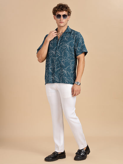 Cuban Collar Printed Teal Shirt