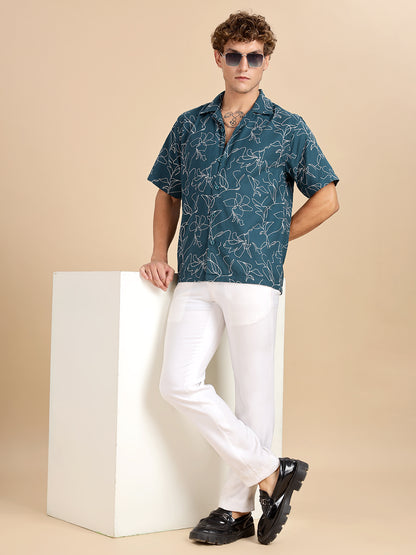 Cuban Collar Printed Teal Shirt