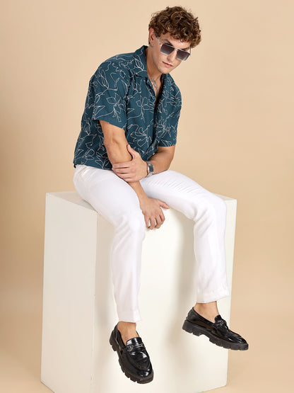 Cuban Collar Printed Teal Shirt