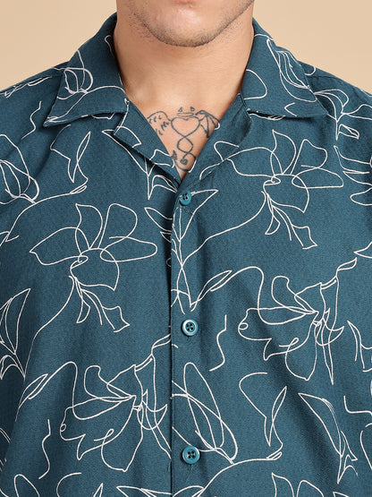 Cuban Collar Printed Teal Shirt