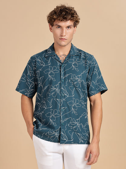 Cuban Collar Printed Teal Shirt