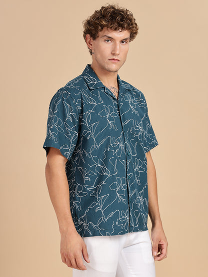 Cuban Collar Printed Teal Shirt
