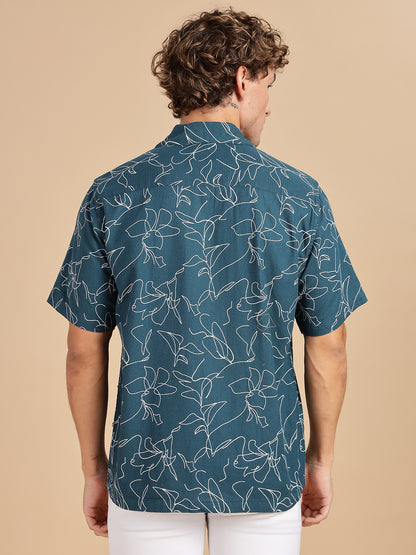 Cuban Collar Printed Teal Shirt