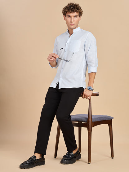 Mandarian Collared Sky Blue Linen Shirt