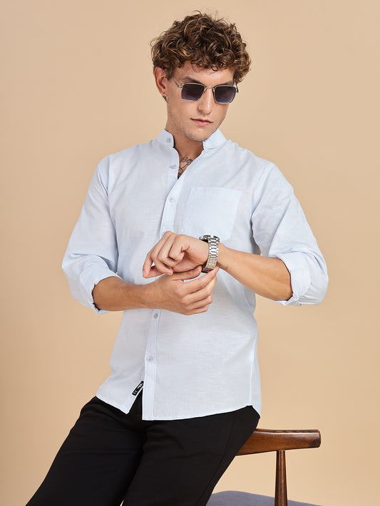 Mandarian Collared Sky Blue Linen Shirt