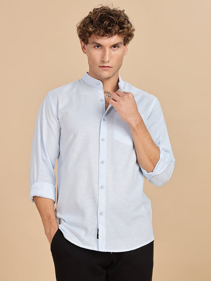 Mandarian Collared Sky Blue Linen Shirt