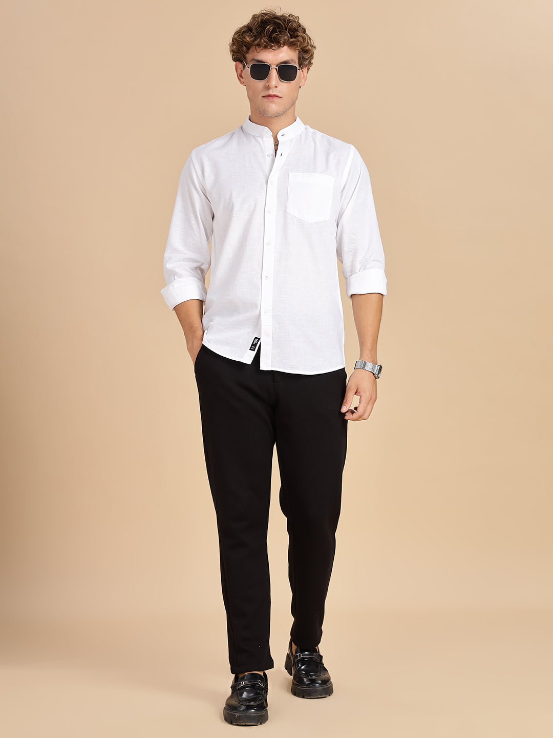 Mandarian Collared White Linen Shirt